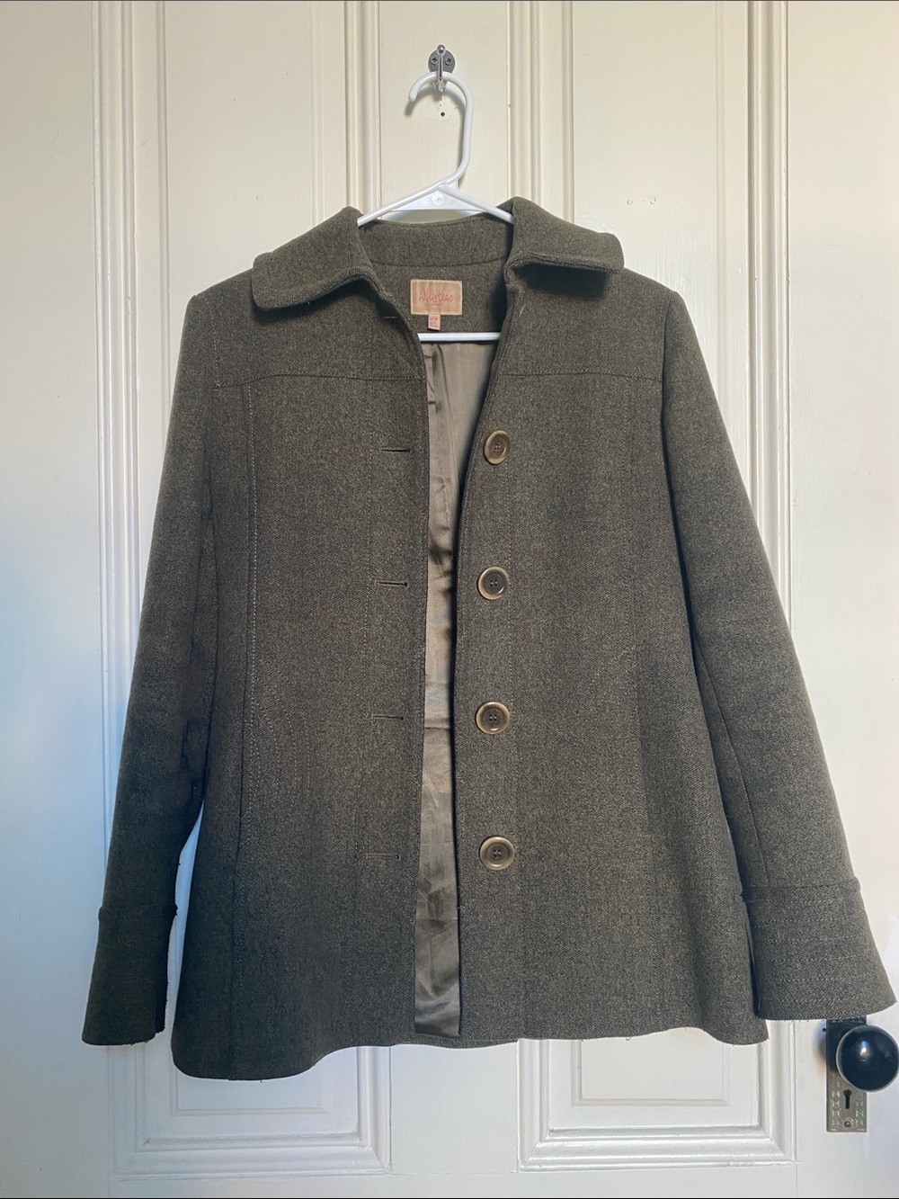 Womens Olive Wool-Blend Button Front Coat